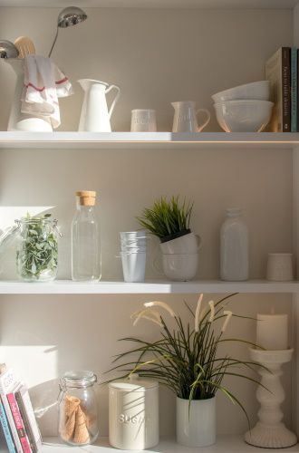 image etagere avec bocaux assiettes tasses plantes livres